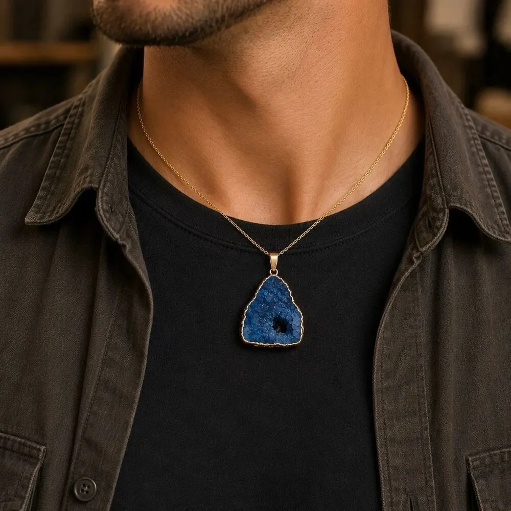 Raw Blue Agate Pendant Necklace Gold Tone Freeform Quartz Short Chain
